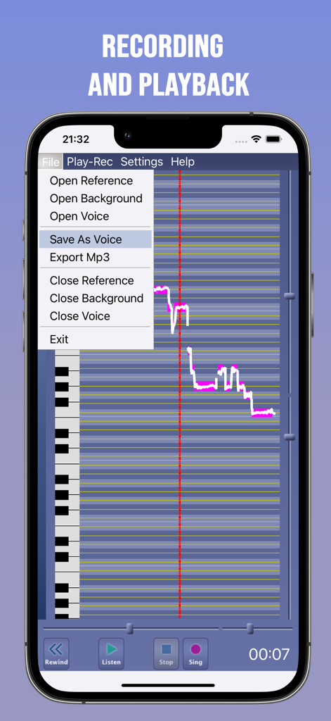 Singing Tutor - Interfaz de la aplicación Tutor de Canto que muestra funciones de grabación y reproducción con análisis de afinación