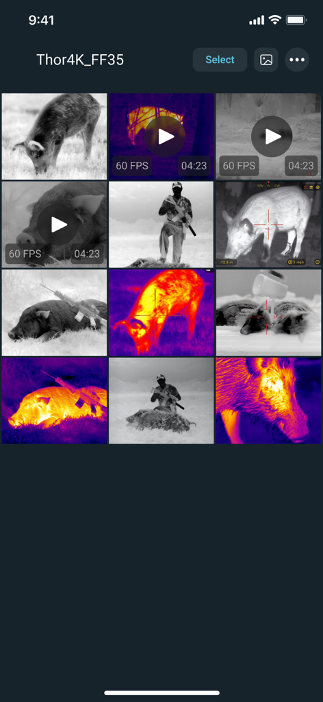 ATN Obsidian 4 - A mobile app screen showing a gallery of thermal and night vision hunting videos and photos of wild boars.