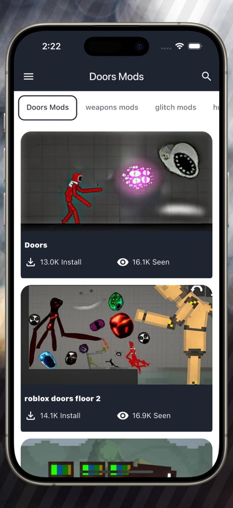 Rainbow Mods for Playground - Mobile app interface showing a list of Doors and Roblox Doors mods for Melon Playground.