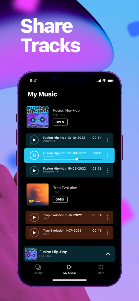 Drum Pad FX - Beat Maker & DJ - Drum Pad FX App-Oberfläche zeigt den Bildschirm Meine Musik-Bibliothek mit einer Liste von aufgenommenen Hip-Hop- und Trap-Tracks