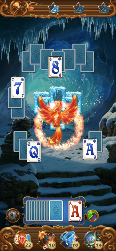 Magic Story Solitaire No wifi - Magic Story Solitaire gameplay screen featuring a flaming phoenix and card layouts in a mysterious ice cave