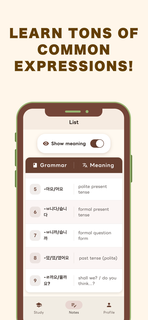 EPS-TOPIK All-in-One Grammar - Mobile app screen showing a list of common Korean grammar rules with their meanings