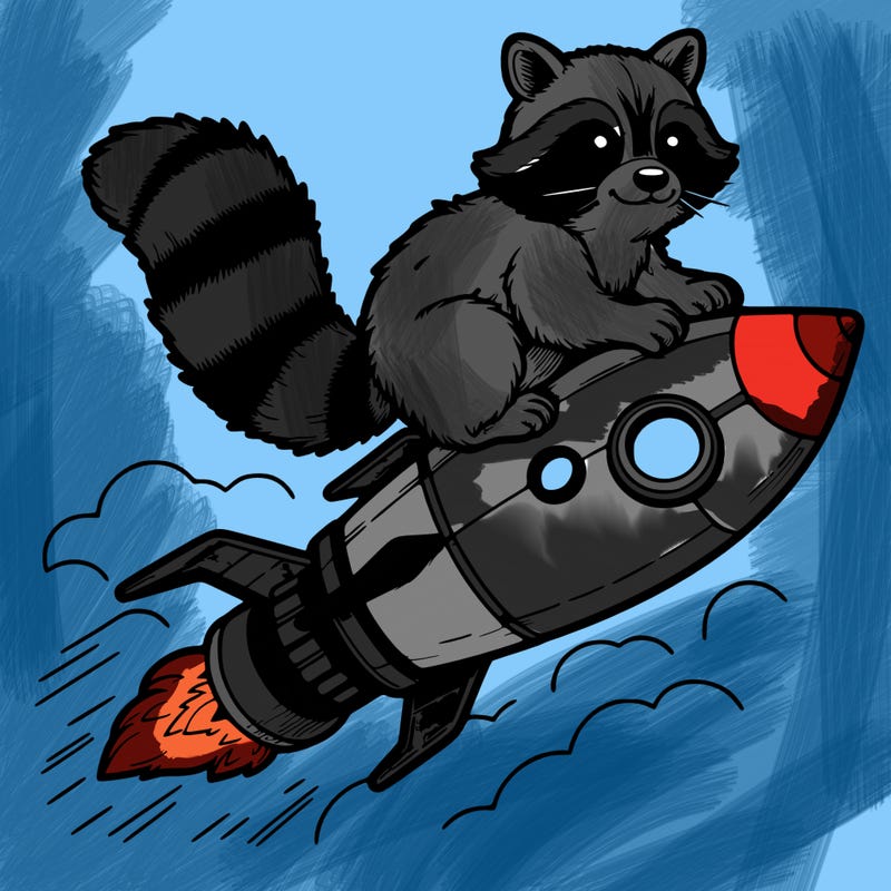 realistic raccoon flying on top rocket ship