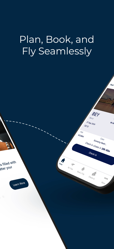 Middle East Airlines - MEA - A smartphone displaying the Middle East Airlines app interface for flight booking and check-in with the text Plan Book and Fly Seamlessly