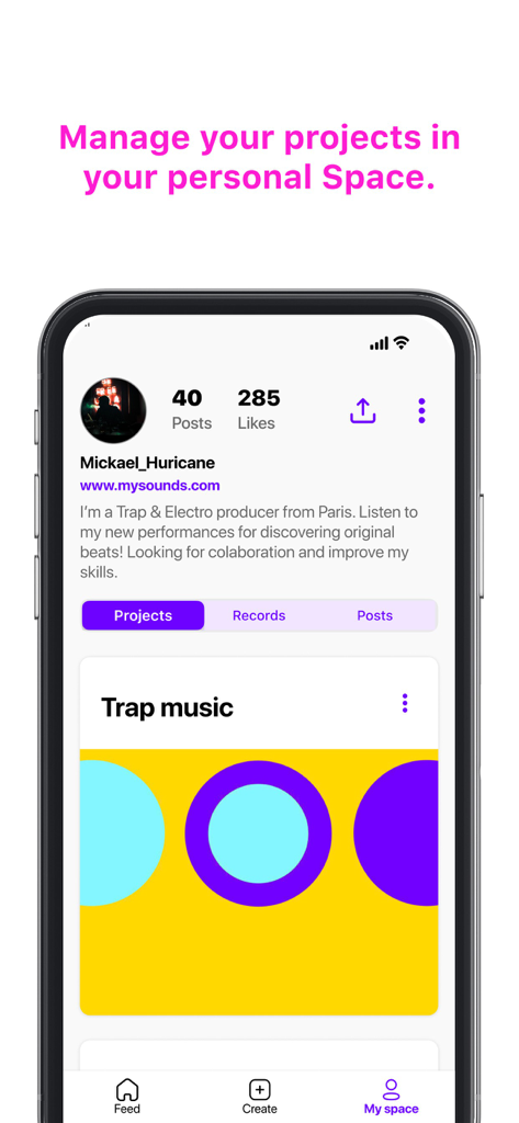Beatwave - Music Made Easy - A mobile screen showing the Beatwave app personal space with user projects and records