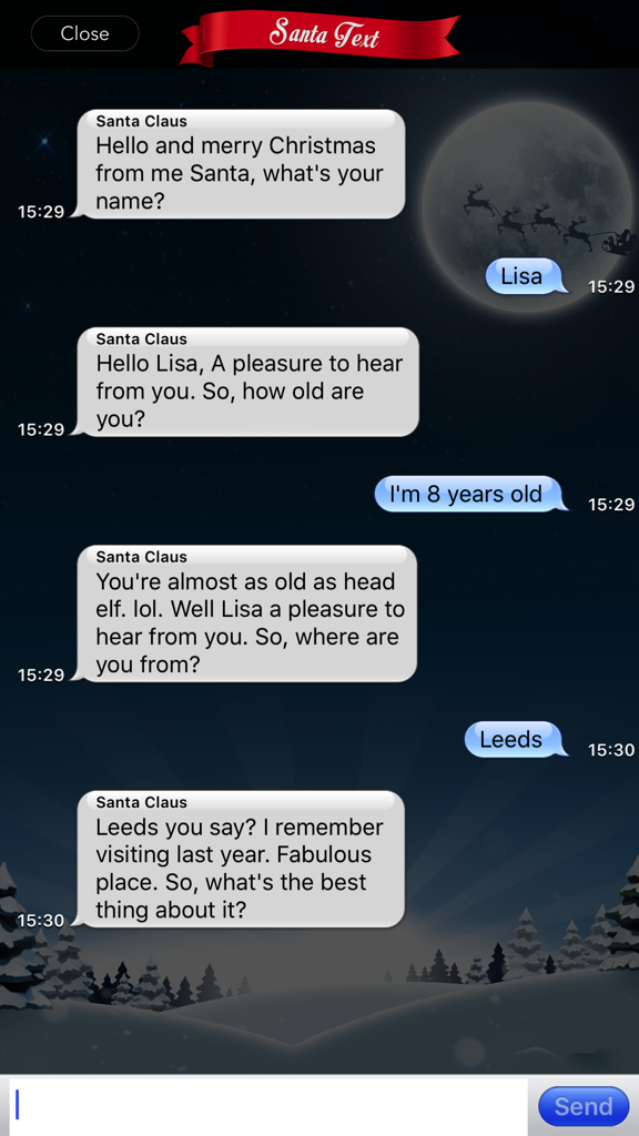 Screenshot of a chat conversation with Santa Claus in the Santa Text app.
