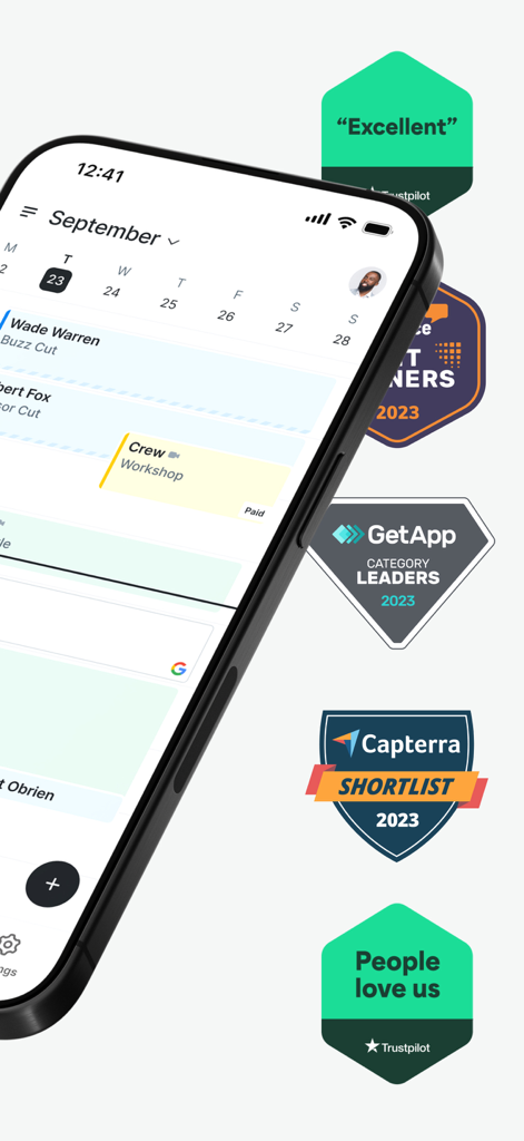 Setmore mobile app calendar interface shown with business software award badges from Trustpilot, GetApp, and Capterra.