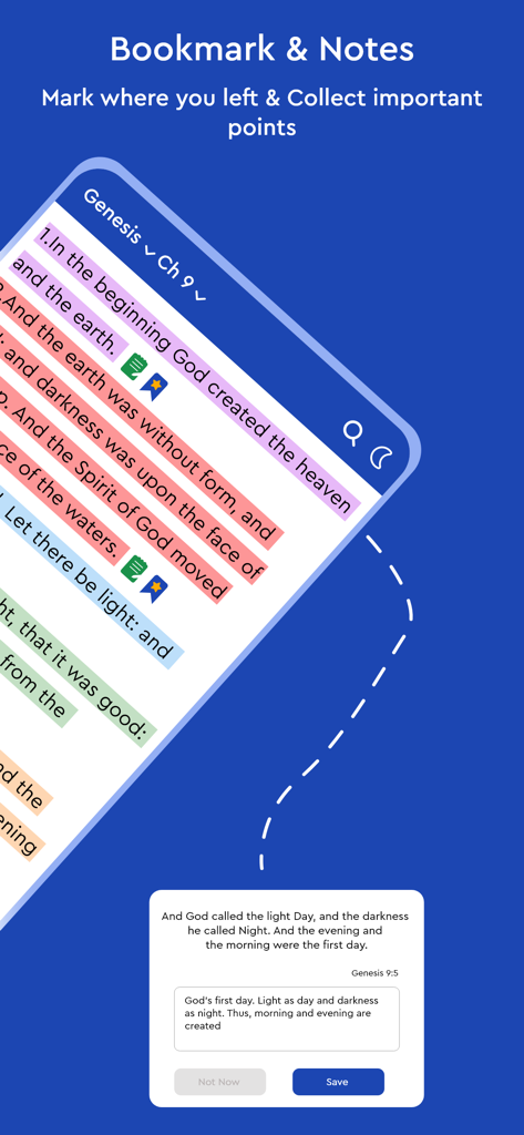 New Jerusalem Bible - NJB - Bookmark and notes interface in the New Jerusalem Bible app showing colored verse highlights and note entry box.