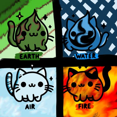 4 cats that represent the different elements, earth, water, air, and fire