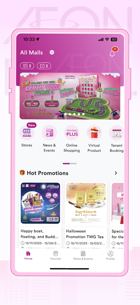 AEON MALL APP - Home screen of the AEON MALL APP showing various shopping categories and hot promotions.