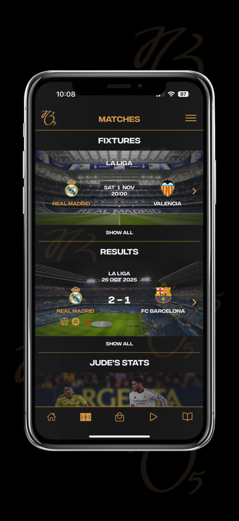 JB5 - Matches screen in the JB5 official app showing football fixtures results and stats