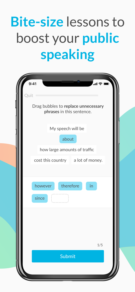 Orai app screenshot showing an interactive bite size lesson for improving public speaking