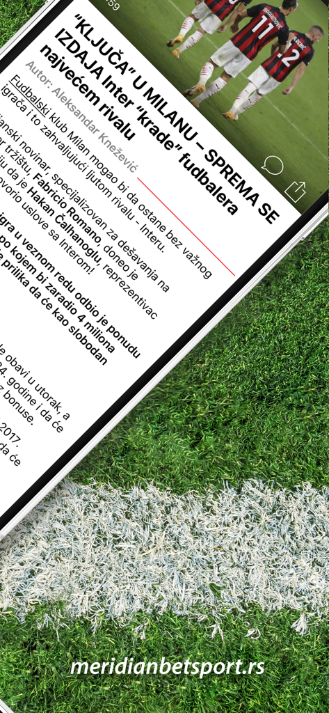 Meridian Sport Srbija - Meridian Sport Srbija app screen showing a football transfer news article in Serbian