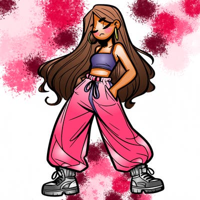 girl in baggy pants crop top and long hair