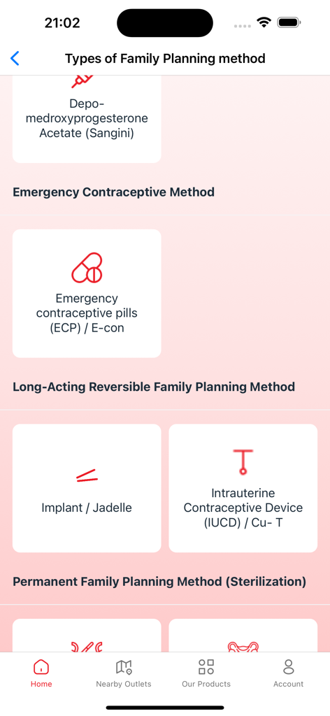 Meri Sangini - Interfaz de la aplicación Meri Sangini que muestra diferentes métodos de planificación familiar como píldoras de emergencia e implantes de larga duración.