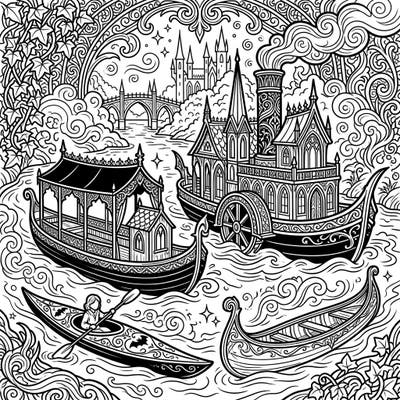 Dive into a uniquely dark and enchanting world with our Gothic River Boats coloring page. Explore intricate designs of ornate steamboats, kayaks, and mystical castles, ready for your creative touch.