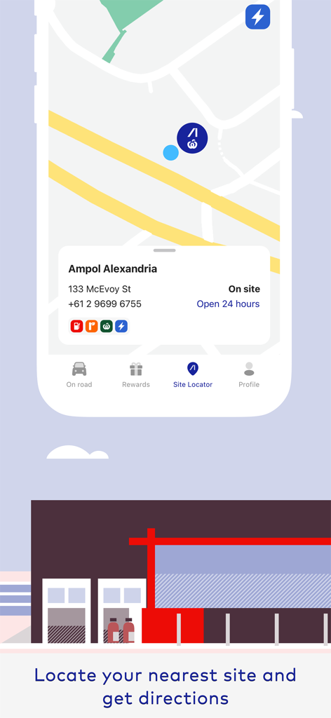 Ampol - The Ampol app site locator feature showing a fuel station on a map with address and opening hours.