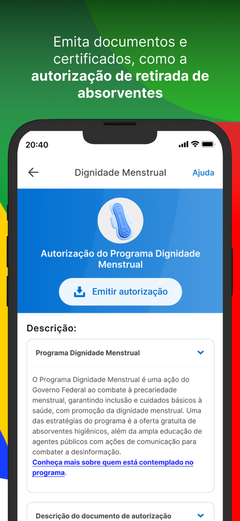 生理用品の「Menstrual Dignity」プログラム認証画面を表示するMeu SUS Digitalアプリのスクリーンショット