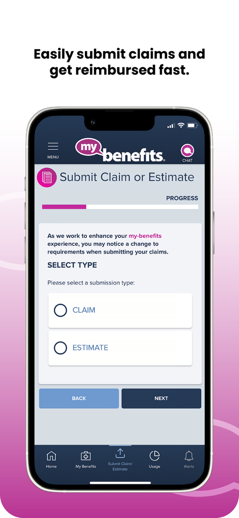 my-benefits - Interface de l'application mobile my-benefits montrant l'option de soumettre une réclamation ou une estimation pour remboursement