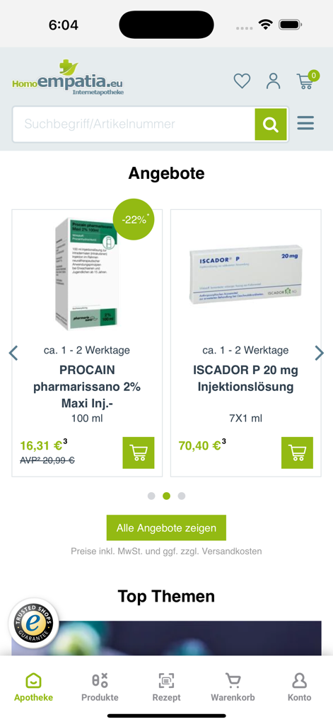 homoempatia.eu - Mobile interface of the homoempatia.eu German mail-order pharmacy app showing product offers and a search bar