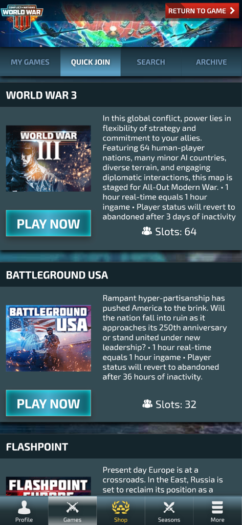 Menú de Unión Rápida en la aplicación Supremacy World War 3 que muestra varios escenarios de juego y botones de juego.