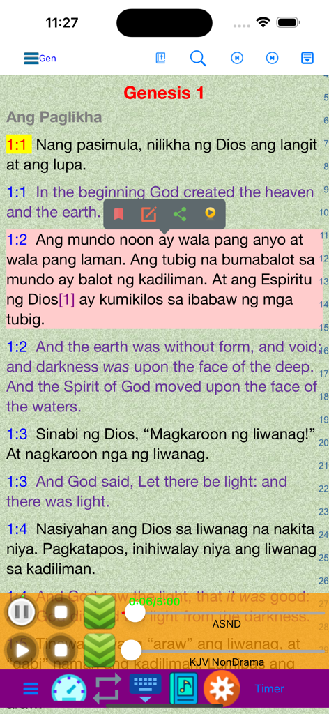 Side-by-side Tagalog and English Bible verses from Genesis in the app interface