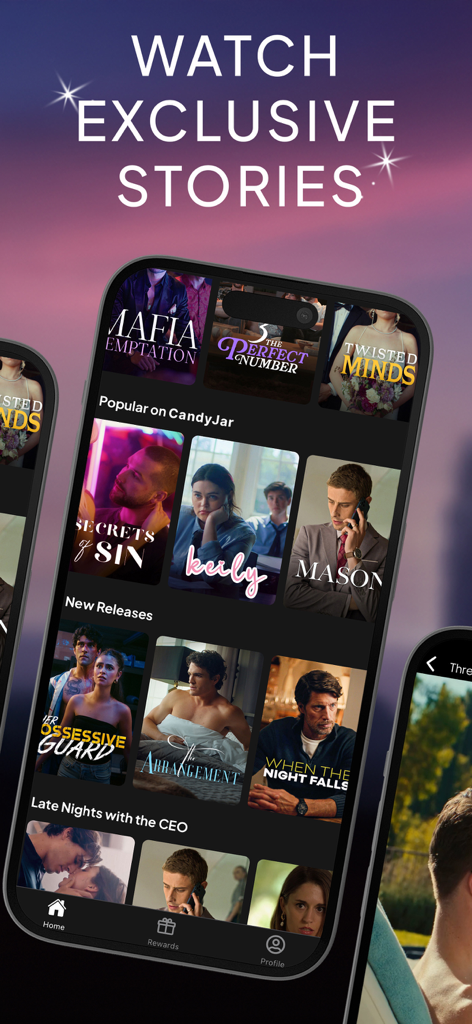 CandyJarTV - Drama & Shorts - CandyJarTV app interface displaying a library of exclusive short drama and romance stories.