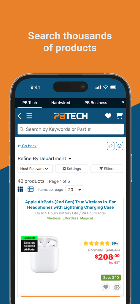 PB Tech - Interface de l'application mobile PB Tech affichant une recherche de produits pour les Apple AirPods avec prix et spécifications