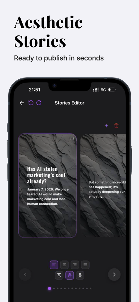 MOVE:AI Carousel & Reels Maker - MOVE:AI app stories editor interface showing dark aesthetic content templates for social media