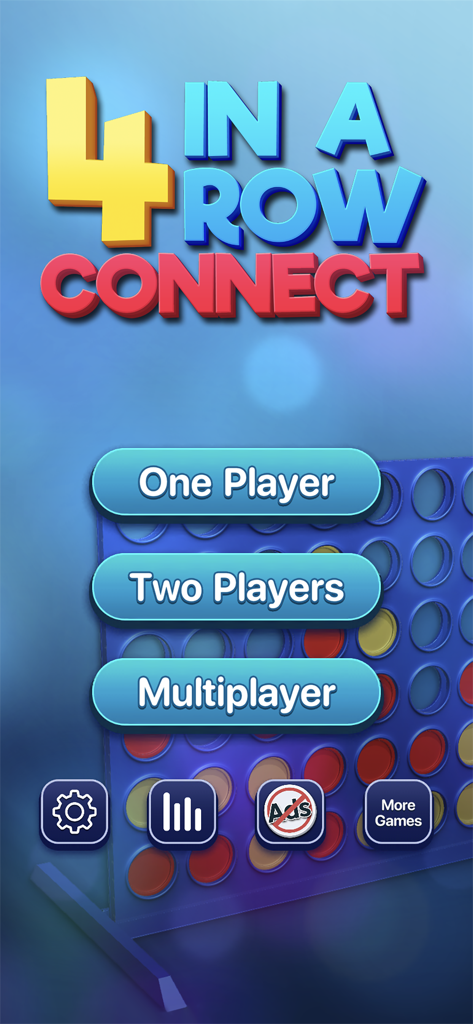 Four In A Row Connect - Menú principal de Conecta Cuatro mostrando botones de modo de juego y tablero 3D