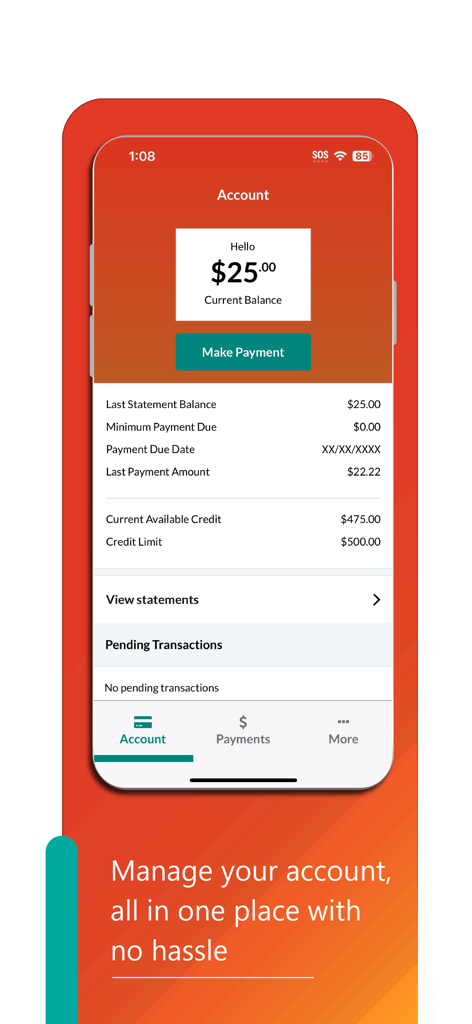 Blaze Mastercard Mobile - Blaze Mastercard Mobile app account dashboard showing current balance and available credit