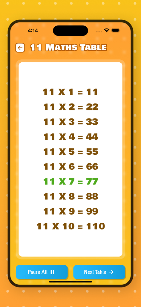 Maths Multiplication Table - Interfaz de la aplicación Tabla de Multiplicar Matemáticas mostrando la tabla del 11 con una fila resaltada