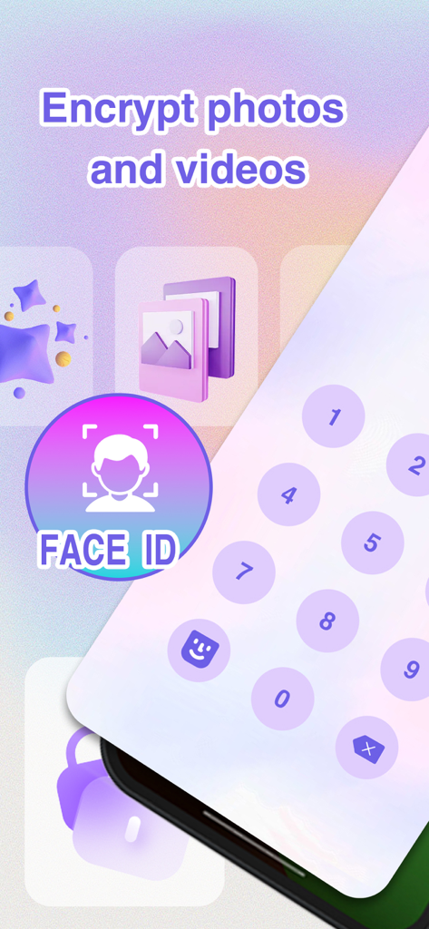Photo Maker：Frame,Filter,Lock - A mobile app interface showing options to encrypt photos and videos using Face ID or a numeric passcode.