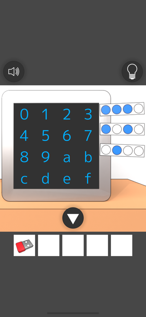 Computer Office Escape - A digital screen with a grid of hexadecimal characters and a red USB drive in the inventory of Computer Office Escape.