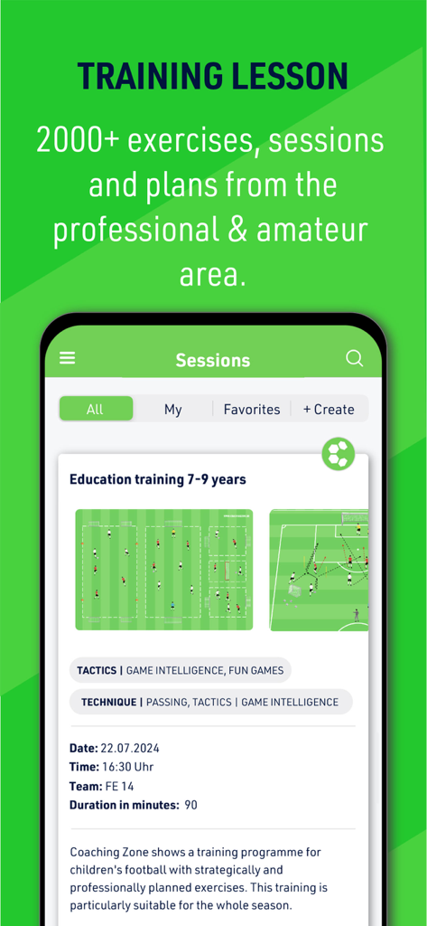 Coaching Zone - Mobile interface of Coaching Zone app showing soccer training sessions and tactical diagrams