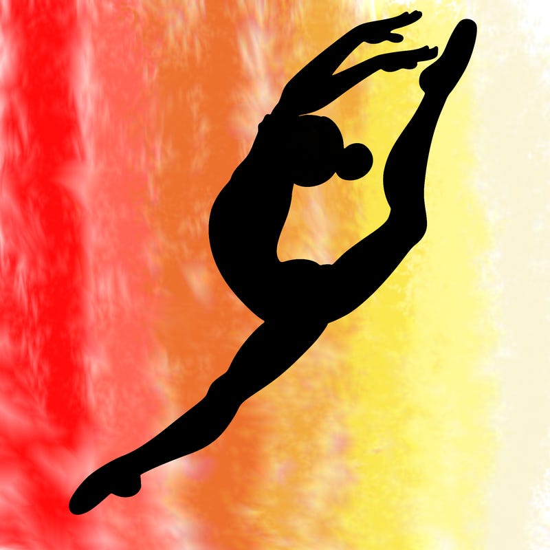 gymnast doing a leap in a leotard with a bent back leg