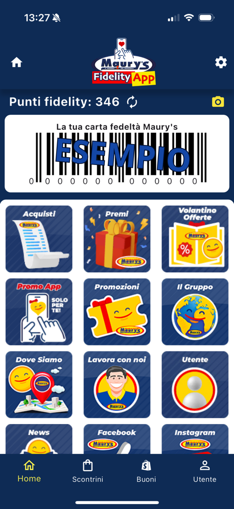 Maury's Fidelity - Maury's Fidelity app home screen displaying a digital loyalty card barcode and points balance.