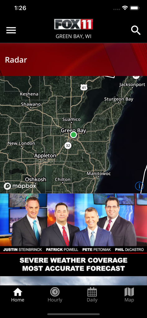 FOX 11 Weather - FOX 11 Weatherアプリのインターフェースに、グリーンベイのレーダーマップと地域の激しい気象チームが表示されている