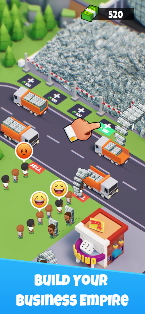 Gameplay screenshot of Idle Mafia showing trucks transporting stacks of money to a casino with the text Build Your Business Empire