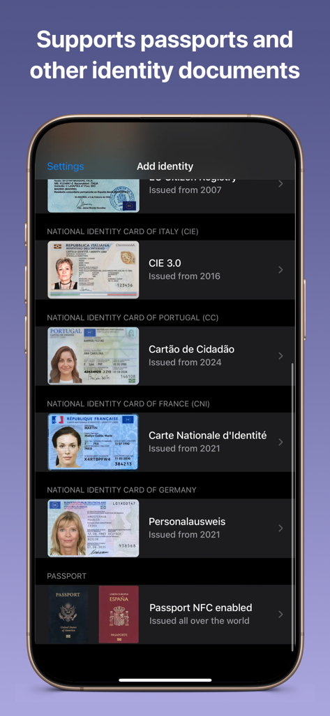 DNI Wallet plus app interface showing supported international passports and European identity documents.