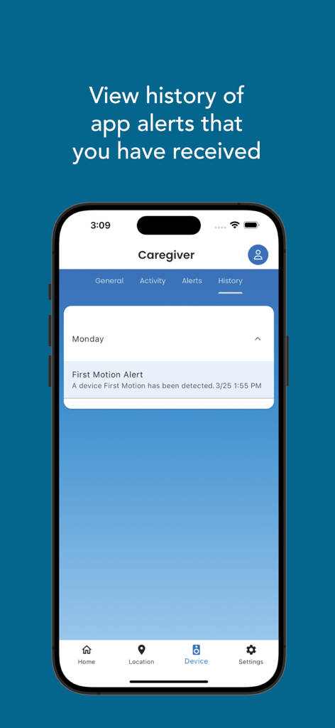Caregiver Mobile - Caregiver Mobile app interface showing a history of alerts including a first motion detection notification.