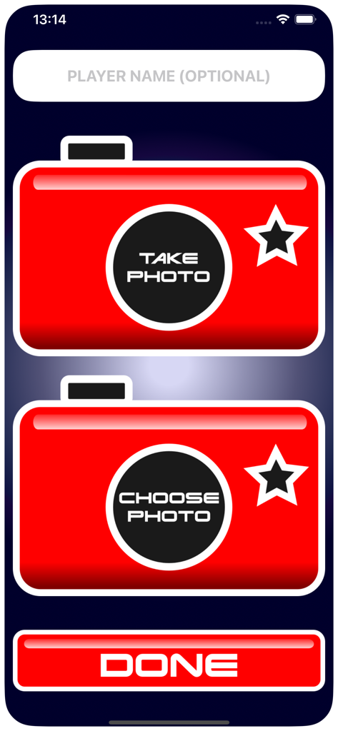 Lie Detector Test - Interface do aplicativo Teste do Detector de Mentiras mostrando opções para tirar ou escolher uma foto e inserir um nome de jogador.