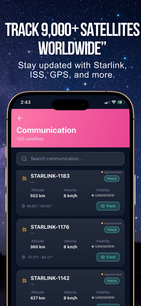 Satellite Tracker - Sky Map - Satellite Tracker app interface showing a list of tracked Starlink satellites with altitude and velocity data