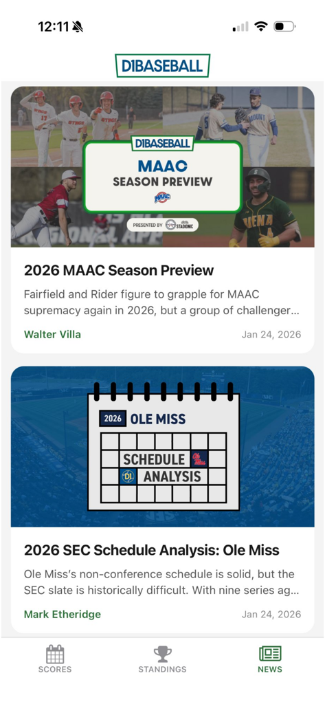 D1 Baseballアプリのニュースフィード。大学野球シーズンのプレビューとスケジュール分析記事を掲載。