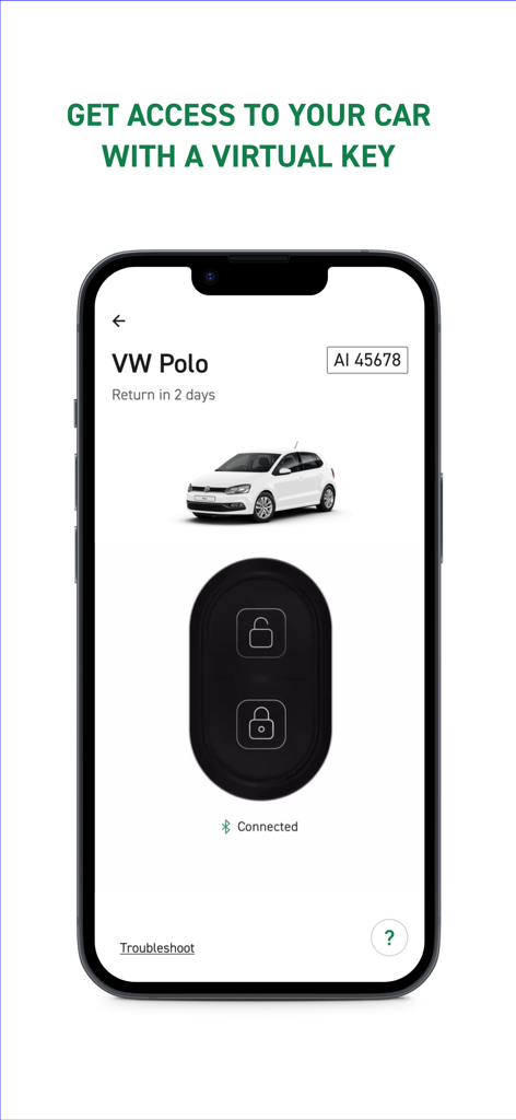 Écran de l'application mobile Enterprise GO montrant une clé virtuelle pour déverrouiller une voiture de location.