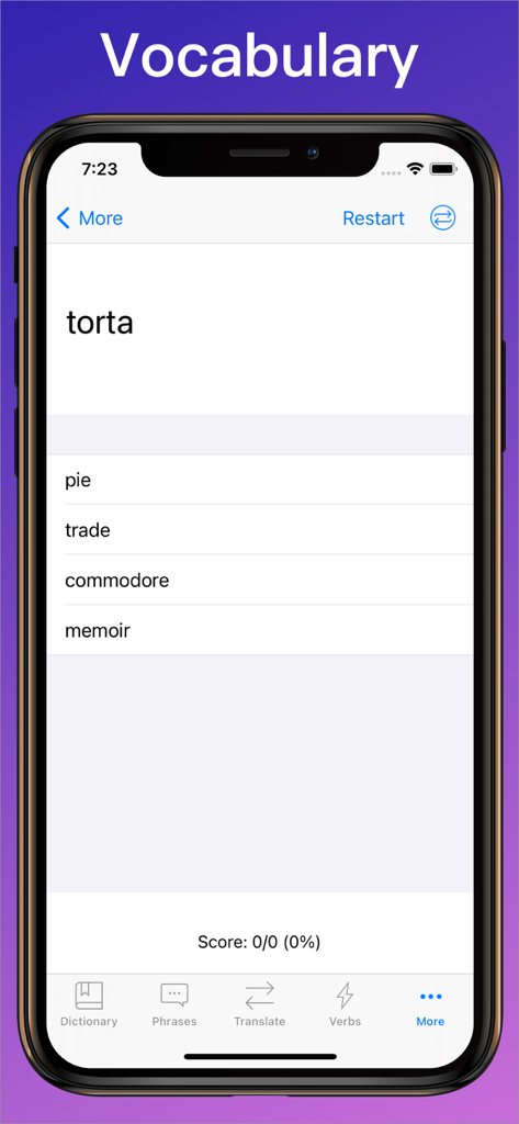 Portuguese Translator + - ポルトガル語翻訳アプリの語彙クイズ画面。複数の選択肢による単語翻訳を表示。