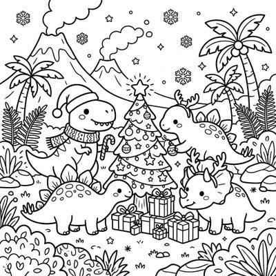 Dive into a wonderfully unique coloring adventure with adorable kawaii dinosaurs getting into the Christmas spirit! This charming scene brings prehistoric pals together for festive fun, complete with a decorated tree and presents.