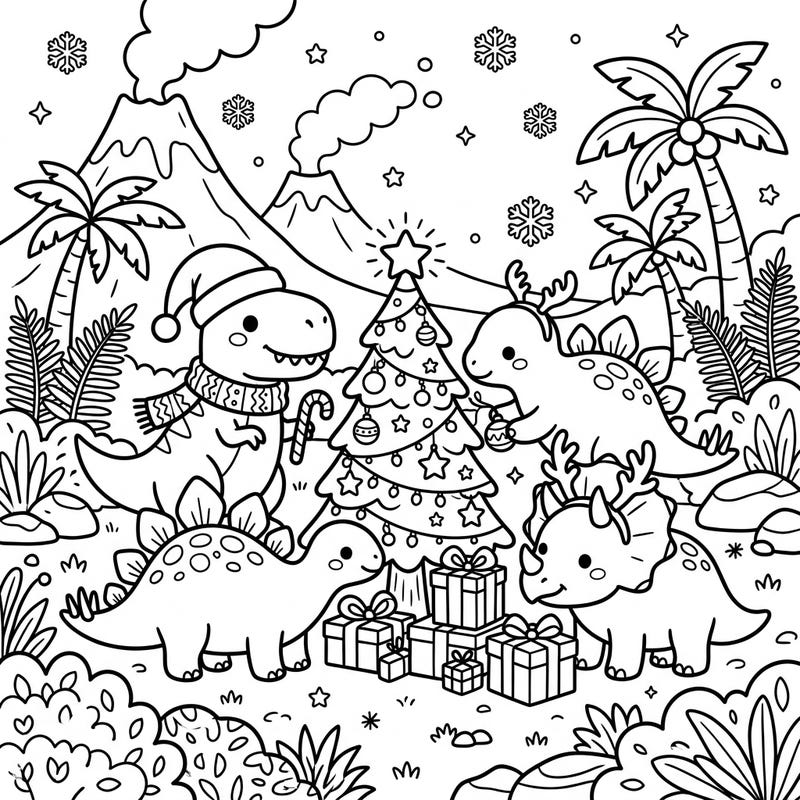 Dive into a wonderfully unique coloring adventure with adorable kawaii dinosaurs getting into the Christmas spirit! This charming scene brings prehistoric pals together for festive fun, complete with a decorated tree and presents.