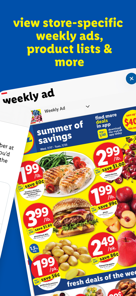 myLidl App-Bildschirm mit dem wöchentlichen Prospekt mit Rabatten auf Lebensmittelprodukte