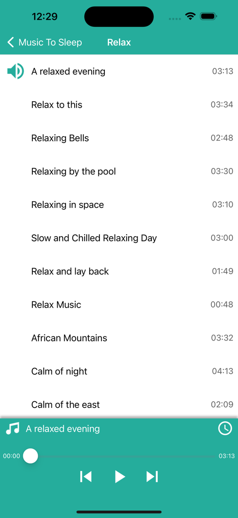 Playlist of calming music tracks in the Music To Sleep app.